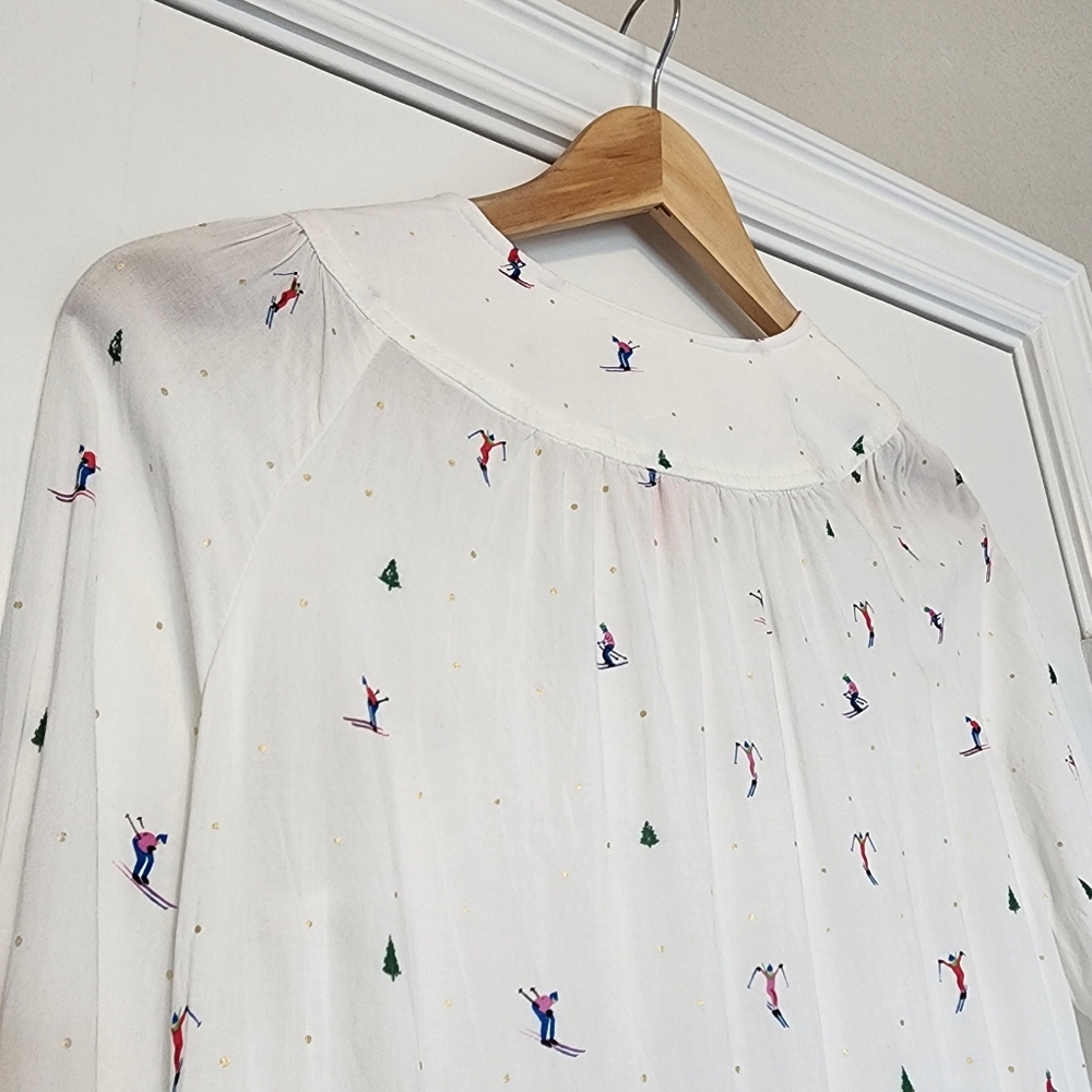 Anthropologie 23 of 52 Conversations Novelty Ski Winter Scene Button Up Blouse - Picture 7 of 15